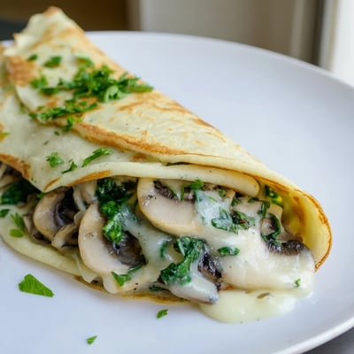 Thin French savory crepes filled with wilted spinach and golden sautéed mushrooms