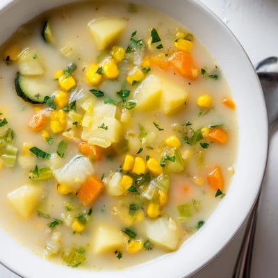 Golden corn kernels and tender diced potatoes in a creamy vegetable soup.