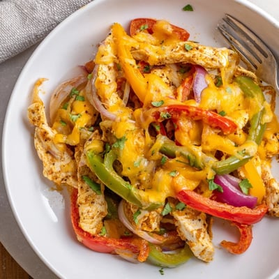 Sliced chicken in Cheesy Baja Chicken Bell Pepper Skillet, lime-spritzed and cilantro-garnished