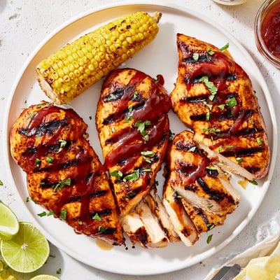 Grilled BBQ Chicken With Corn served with lime wedges and fresh parsley  
