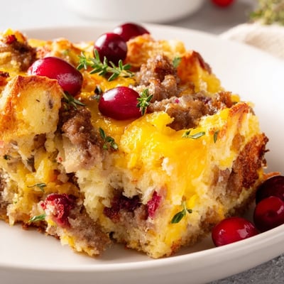 Steaming spoonful of cranberry sausage stuffing breakfast casserole revealing tender bread and savory crumbles