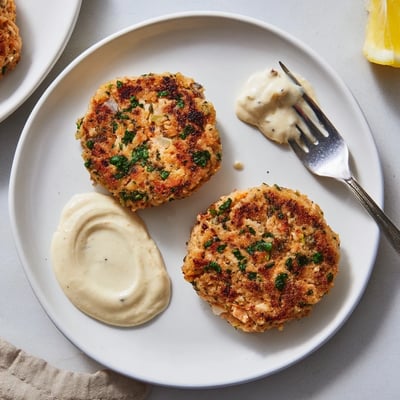 Crispy lemon garlic Alaska salmon cakes drizzled with tangy homemade aioli and fresh herbs