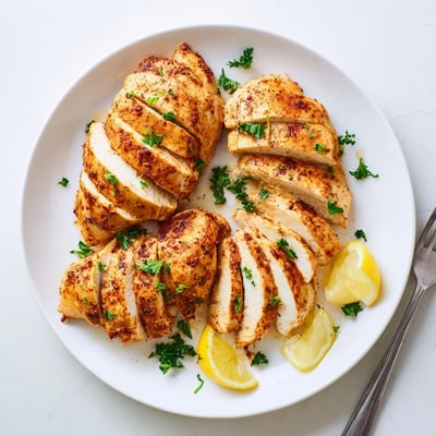 Juicy oven baked chicken breasts sliced open topped with fresh parsley garnish