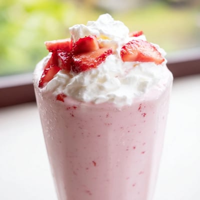 Creamy strawberry milkshake blended with ripe berries and vanilla ice cream