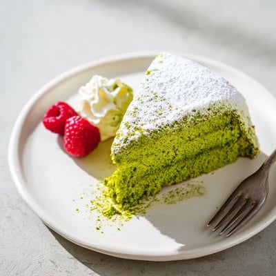 A freshly baked matcha cake recipe lightly dusted with powdered sugar